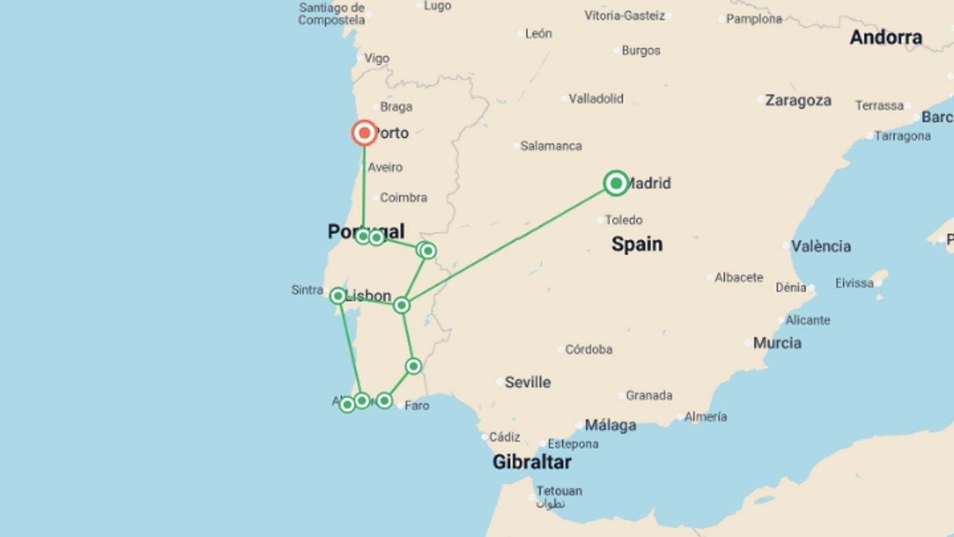 A map showing the tour itinerary for the trip: Portugal Algarve, Lands of the Tagus  (end Porto), starting in Madrid, Spain and ending in Porto, Portugal going through 4 other destinations.