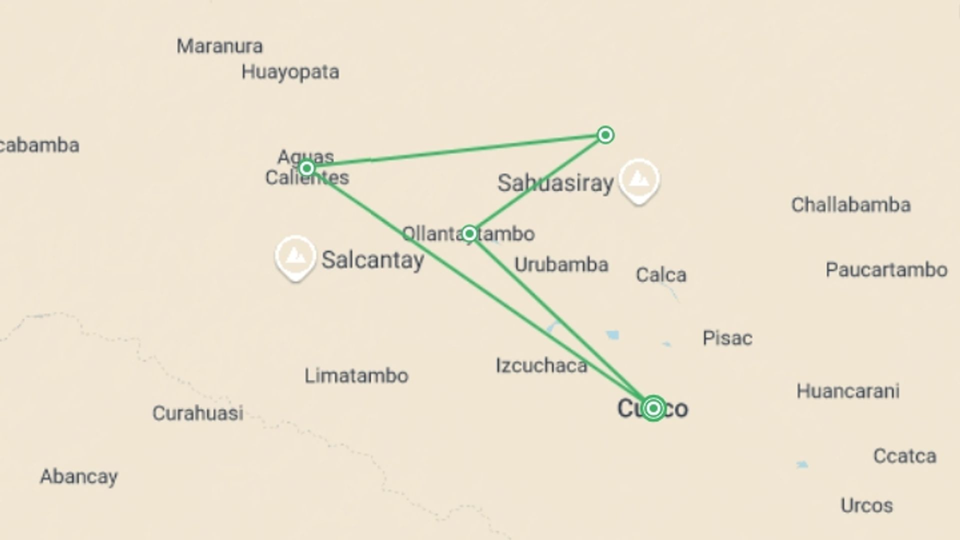 A map showing the tour itinerary for the trip: The Lares Trek, starting in Cusco, Peru and ending in Cusco, Peru going through 4 other destinations.