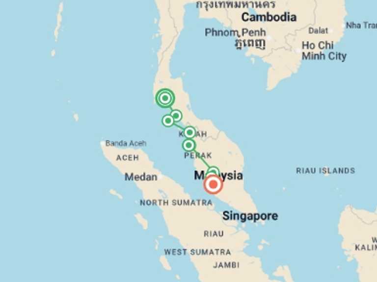 Map itinerary of Kuala Lumpur Tour in Fall with 10 destination visits for the trip: Road Cycling Thailand to Malaysia