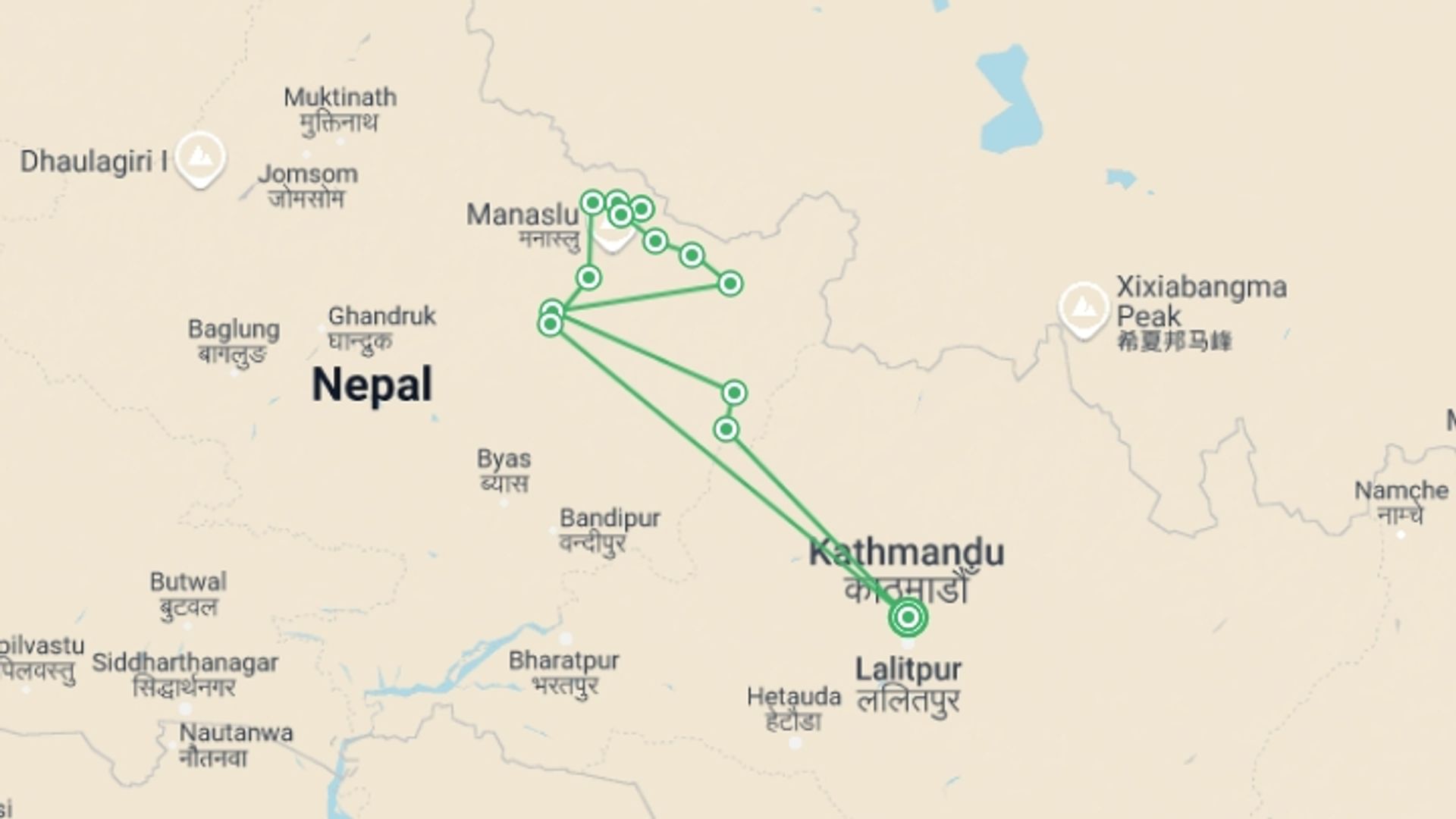 A map showing the tour itinerary for the trip: Manaslu Circuit Trek, starting in Kathmandu, Nepal and ending in Kathmandu, Nepal going through 13 other destinations.