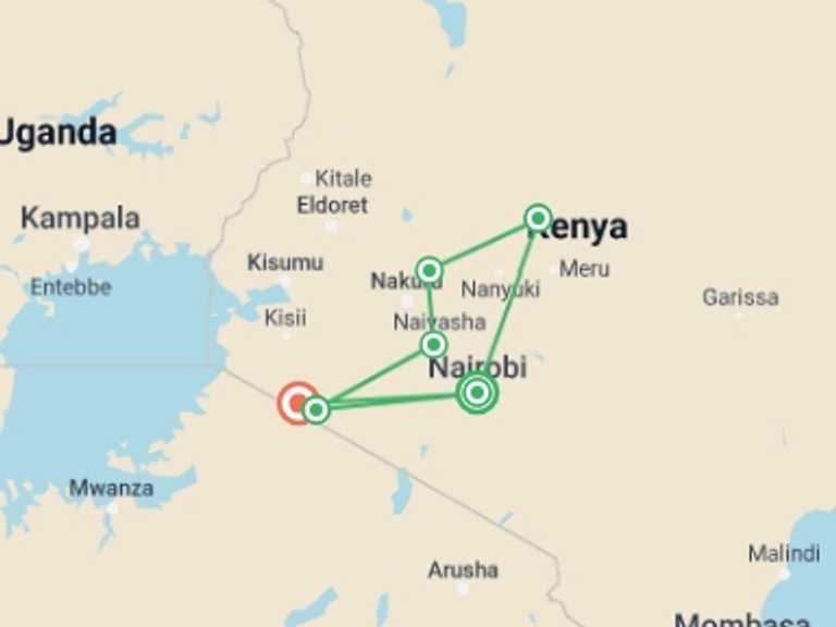 Map of 9-Day Nairobi Tour with 6 destination visits for the trip: Kenyan Highlands and Plains Safari