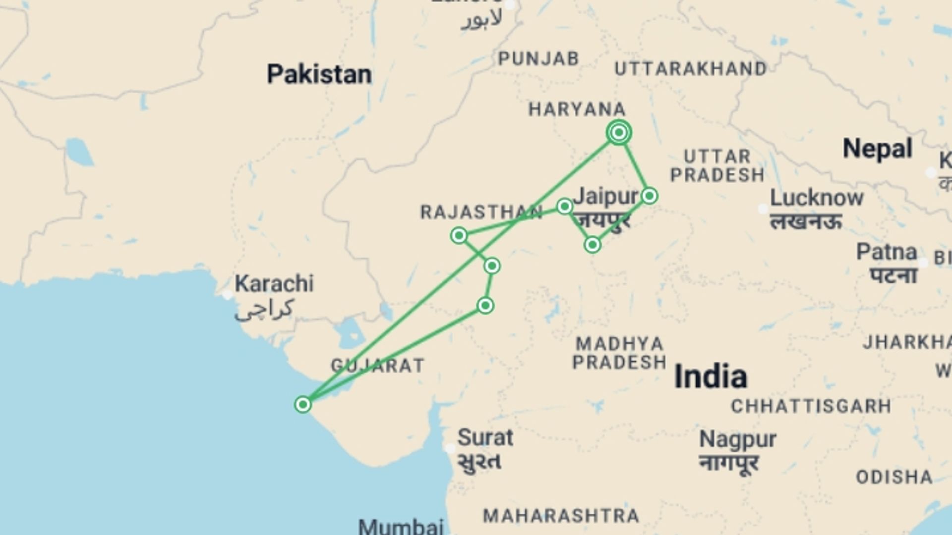 A map showing the tour itinerary for the trip: Amazing India (4 Star Hotels), starting in New Delhi, India and ending in New Delhi, India going through 7 other destinations.