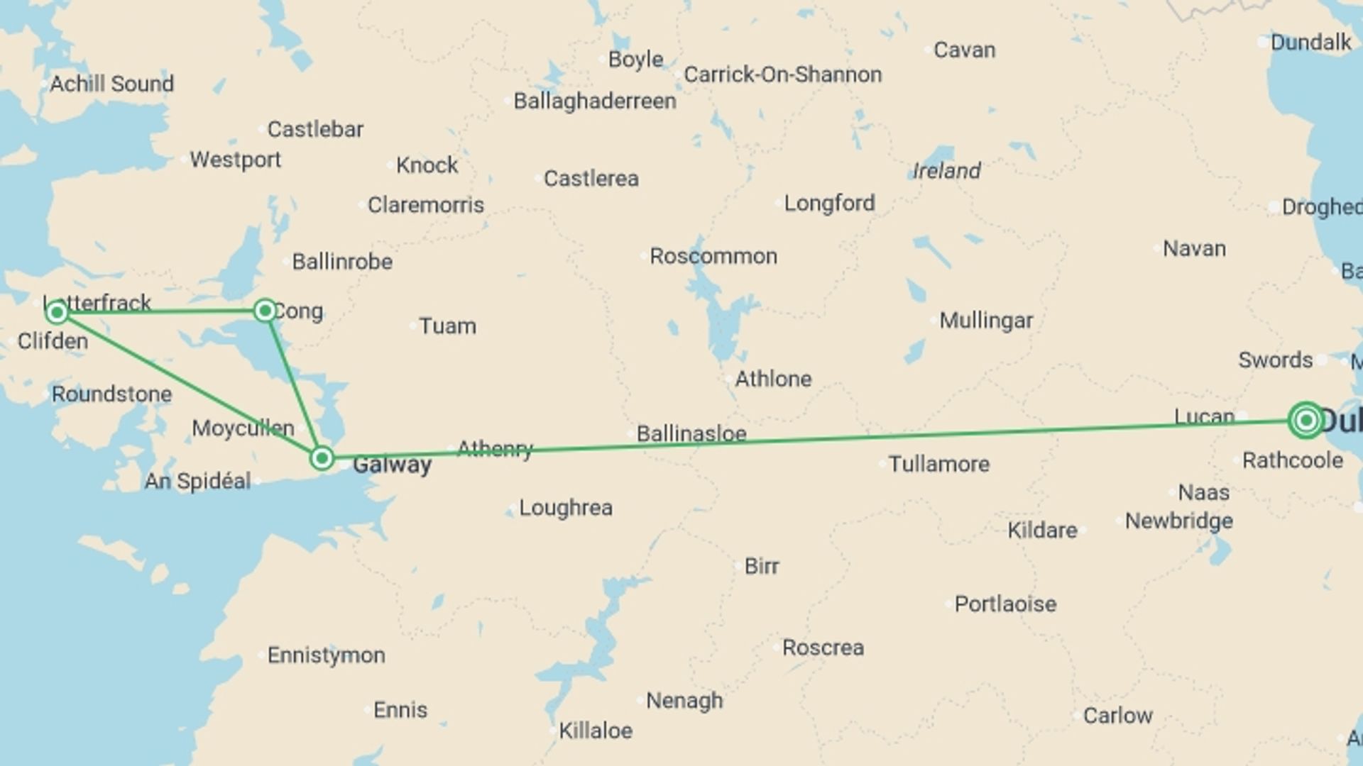 A map showing the tour itinerary for the trip: Best of West Ireland - 3 days, starting in Dublin, Ireland and ending in Dublin, Ireland going through 1 other destinations.