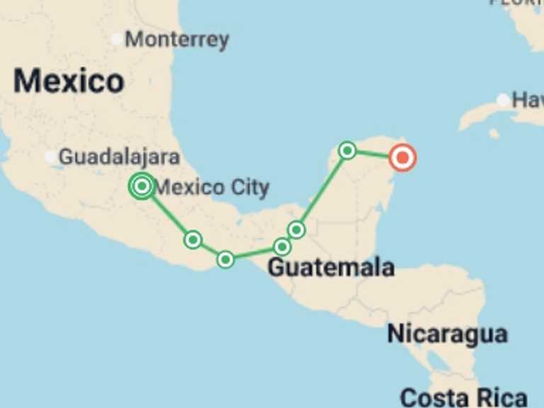 Map of 15-Day North America Tour with 7 destination visits for the trip: Best of Mexico