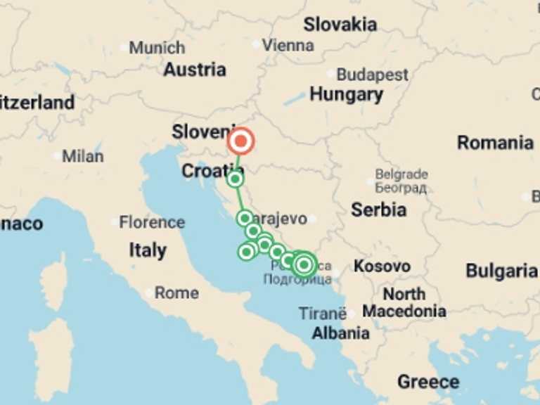 Map itinerary of Mediterranean Tour in October 2026 with 9 destination visits for the trip: Adriatic Islands & Lakes (Deluxe) - 10 days