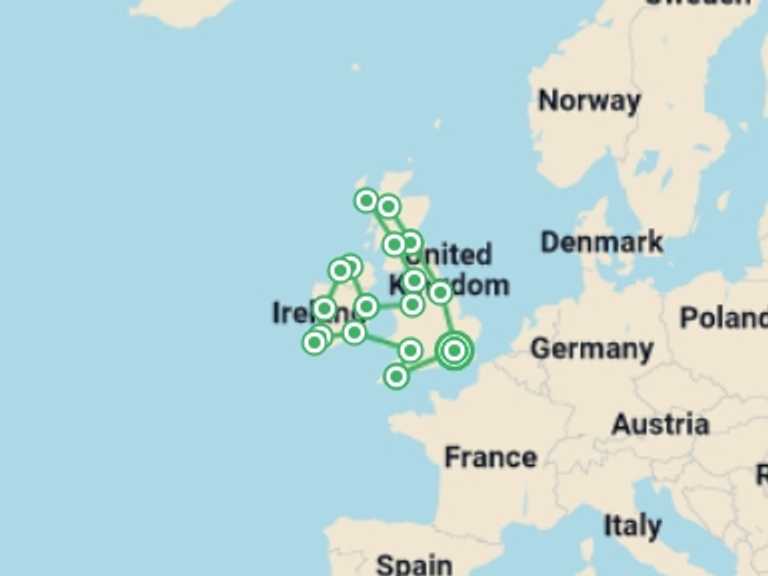 Map itinerary of Europe Tour in April 2027 with 18 destination visits for the trip: Britain and Ireland Grandeur - Signature