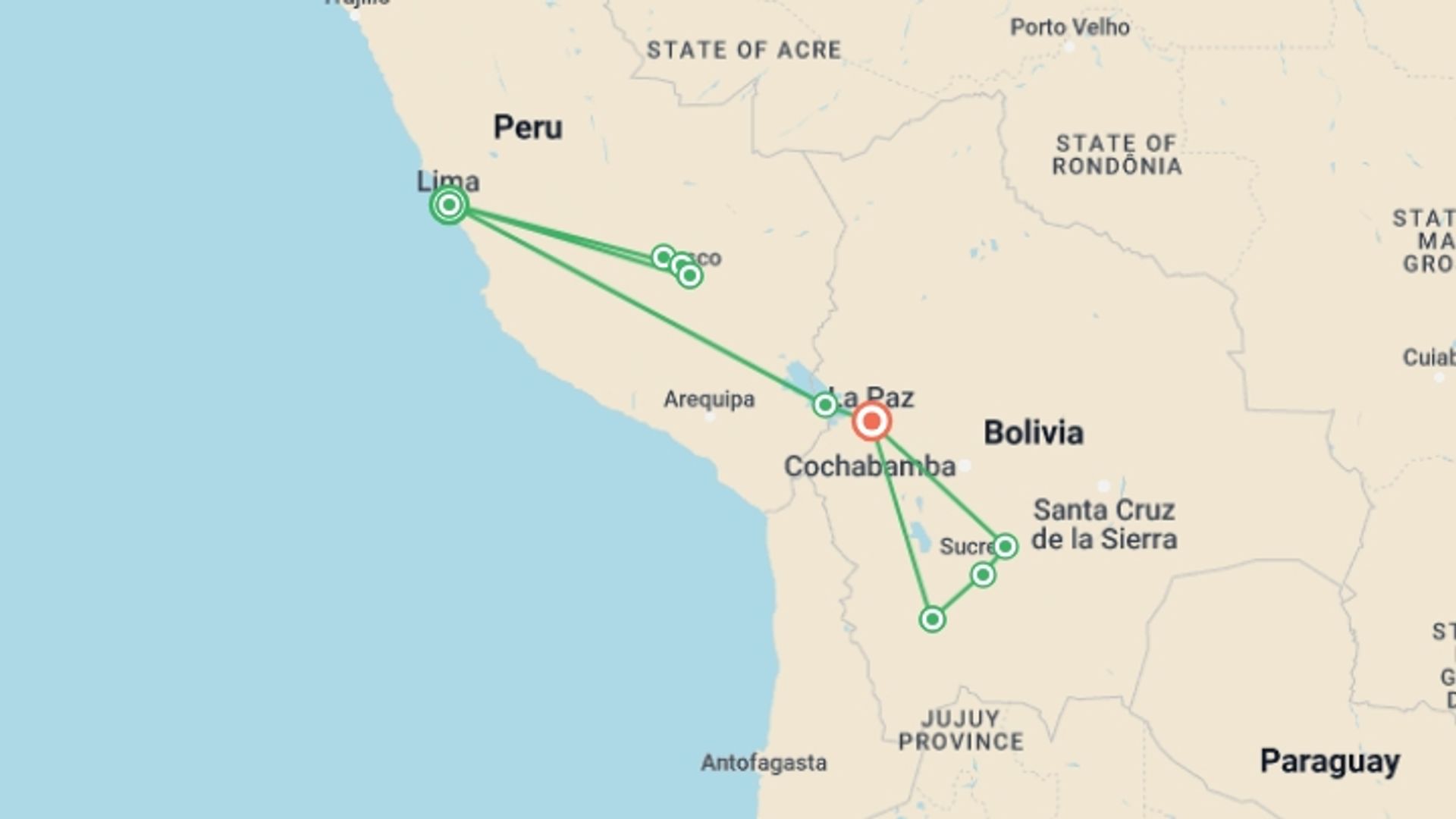 A map showing the tour itinerary for the trip: Journeys: Treasures of Peru & Bolivia, starting in Lima, Peru and ending in La Paz, Bolivia going through 7 other destinations.