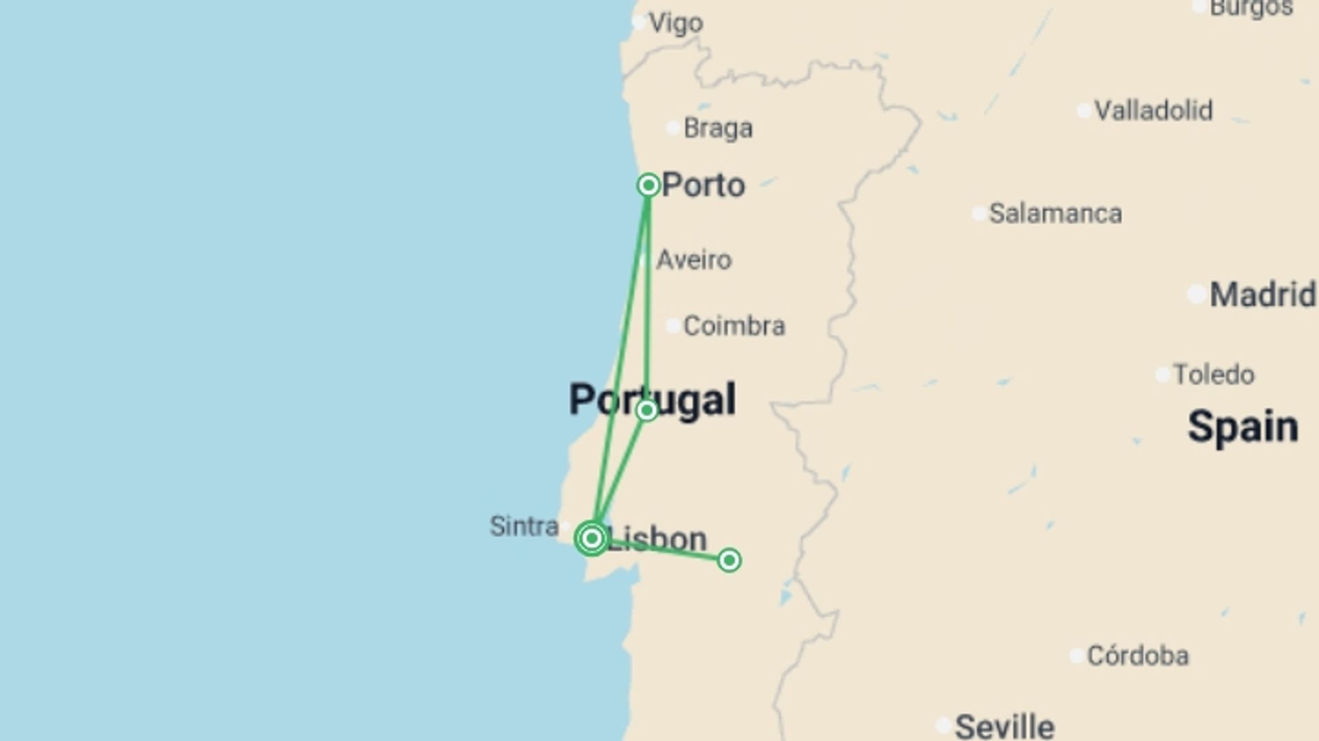 A map showing the tour itinerary for the trip: Portugal Discovery - 10 days, starting in Lisbon, Portugal and ending in Lisbon, Portugal going through 3 other destinations.