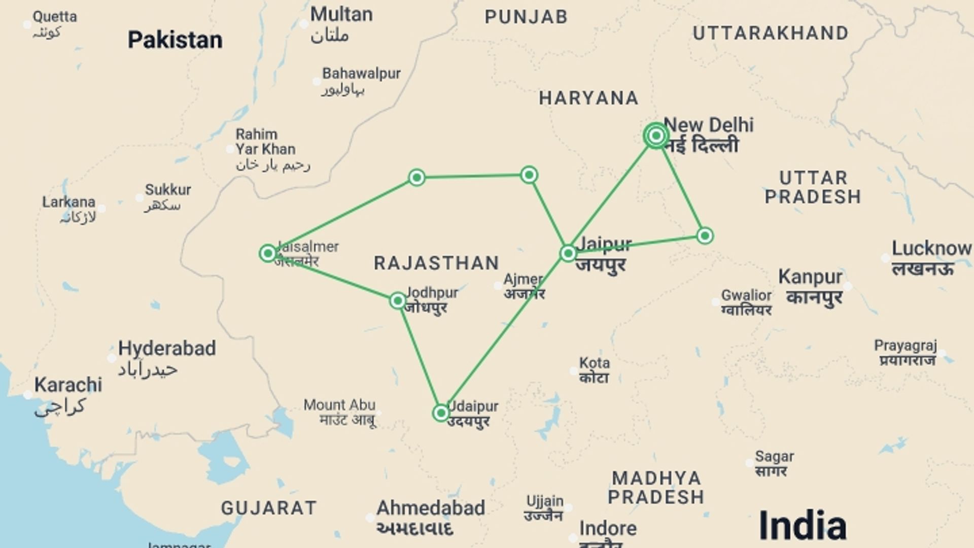 A map showing the tour itinerary for the trip: Rajasthan Experience, starting in New Delhi, India and ending in New Delhi, India going through 7 other destinations.