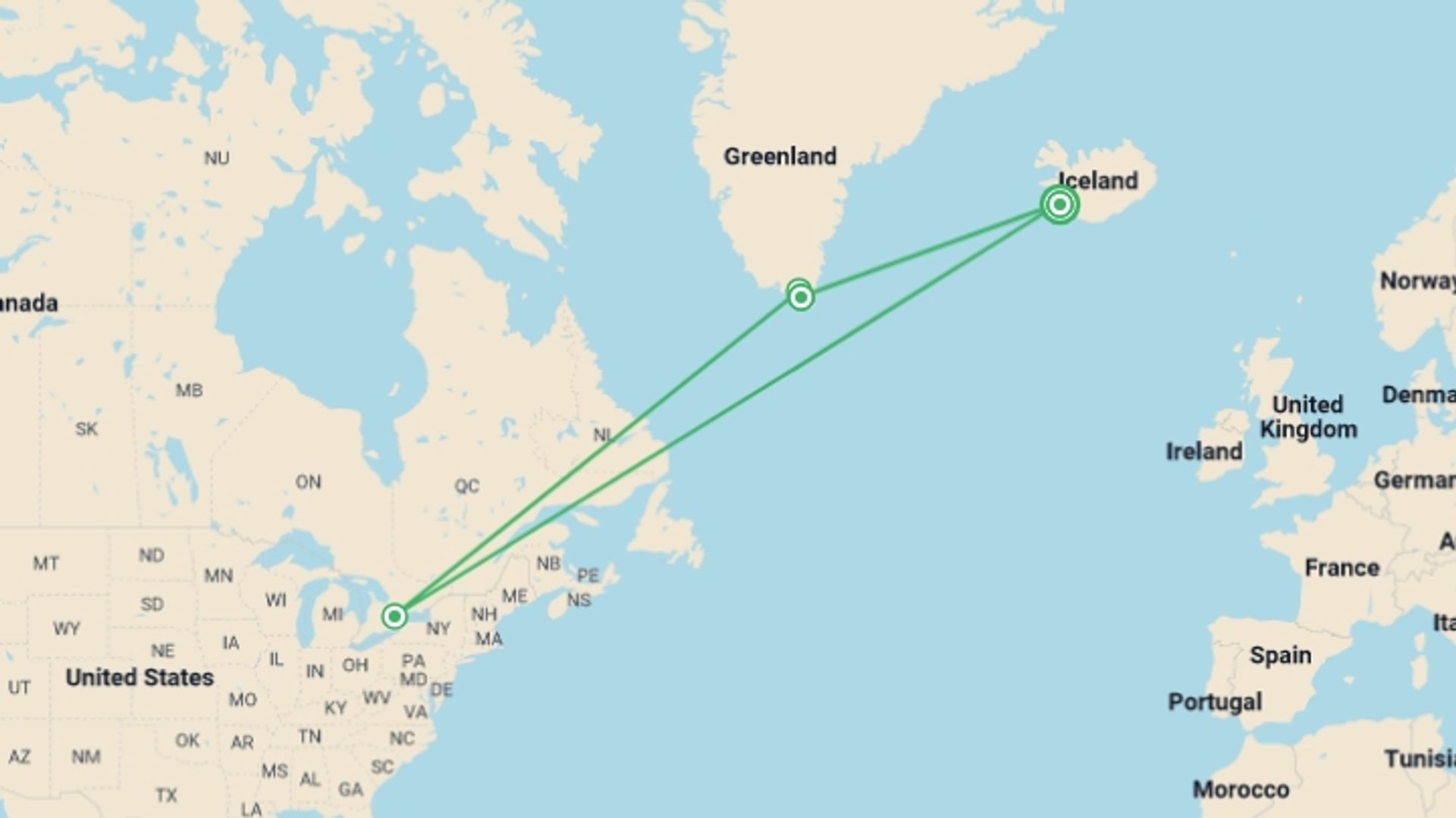 A map showing the tour itinerary for the trip: Wild Fjords of South Greenland: Land of the Vikings, starting in Reykjavik, Iceland and ending in Reykjavik, Iceland going through 4 other destinations.