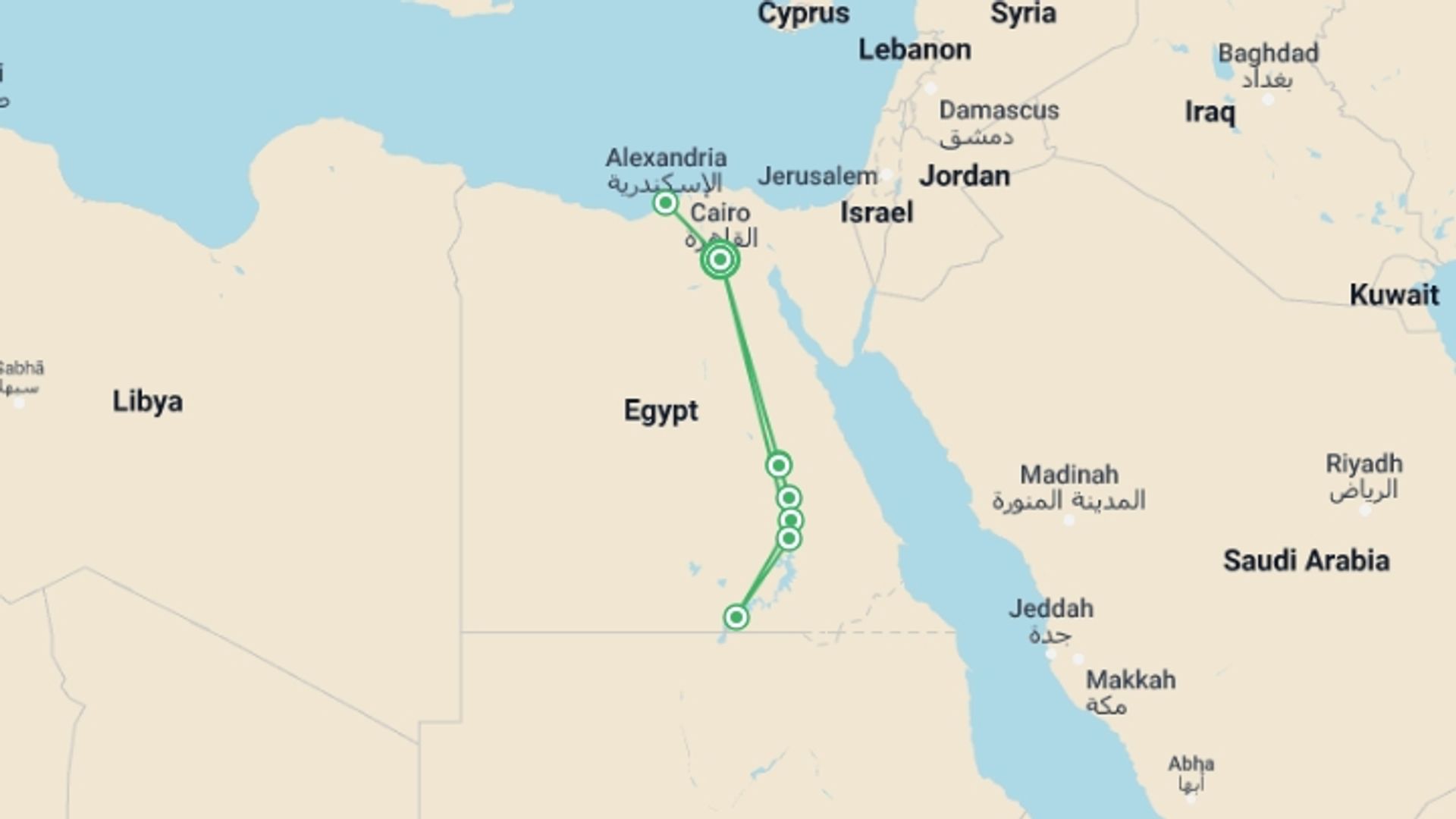 A map showing the tour itinerary for the trip: Flavours Of Egypt, starting in Cairo, Egypt and ending in Cairo, Egypt going through 4 other destinations.