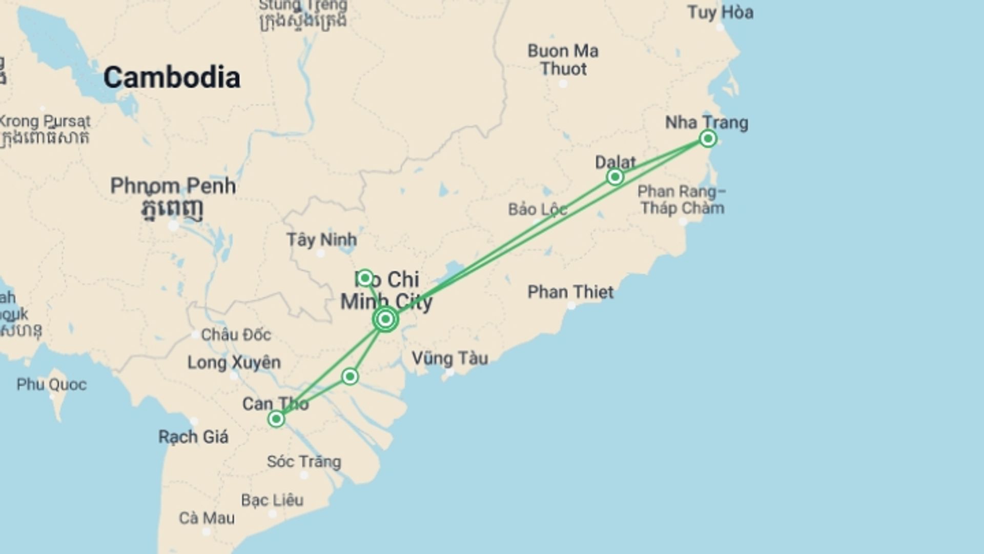 A map showing the tour itinerary for the trip: Mekong Delta And Da Lat 10 Days 9 Nights, starting in Ho Chi Minh City, Vietnam and ending in Ho Chi Minh City, Vietnam going through 4 other destinations.