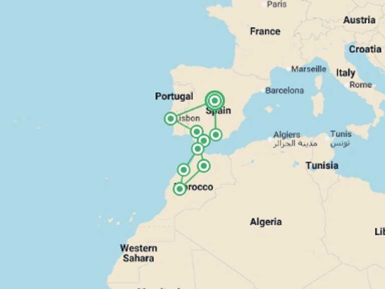 Map itinerary of Mediterranean Tour in June 2026 with 9 destination visits for the trip: Treasures of Spain, Portugal & Morocco