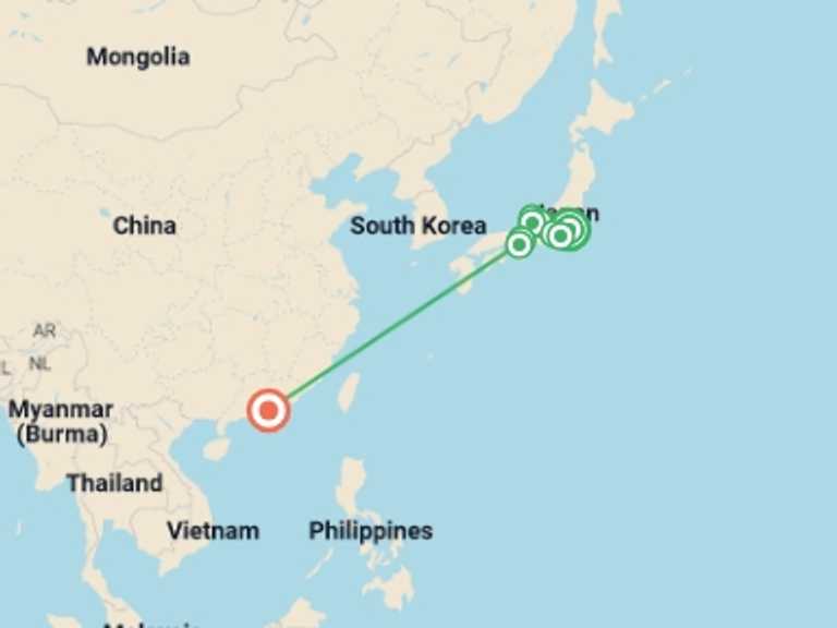Map itinerary of Asia Tour in June 2026 with 7 destination visits for the trip: Highlights of Japan And Hong Kong