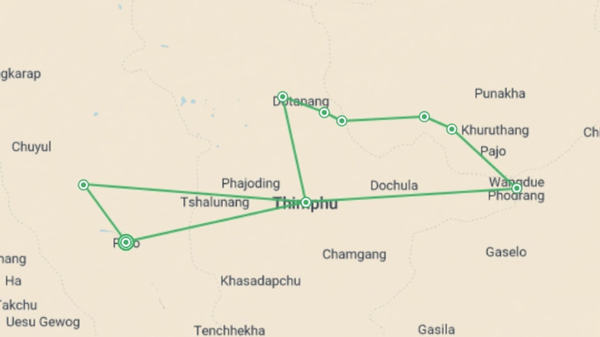 A map showing the tour itinerary for the trip: Punakha Trek: 12 Days, starting in Paro, Bhutan and ending in Paro, Bhutan going through 8 other destinations.
