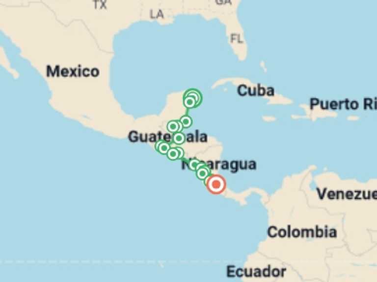 Map itinerary of South America Tour in March 2026 with 18 destination visits for the trip: Epic Mexico to Costa Rica