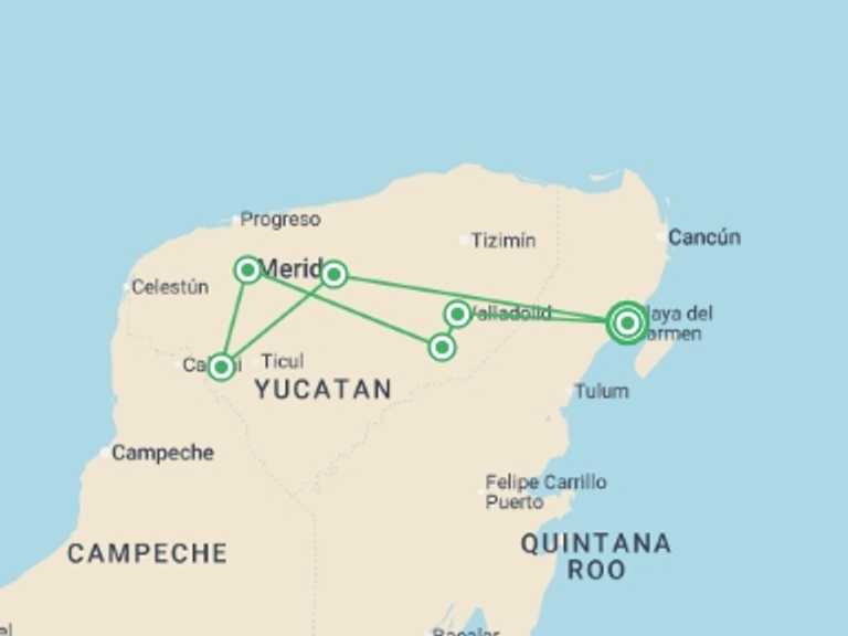 Map itinerary of Mexico Tour in March 2026 with 2 destination visits for the trip: Mini Yucatan Tour, German-speaking Guide