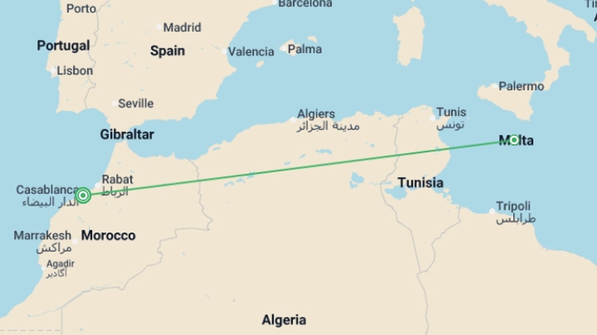 A map showing the tour itinerary for the trip: Casablanca & Rabat - 4 days, starting in Casablanca, Morocco and ending in Casablanca, Morocco going through 1 other destinations.