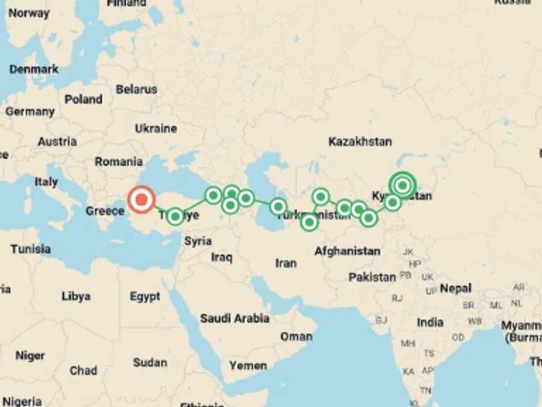 Map itinerary of Balkans Tour in Summer with 14 destination visits for the trip: Bishkek To Istanbul (69 Days)