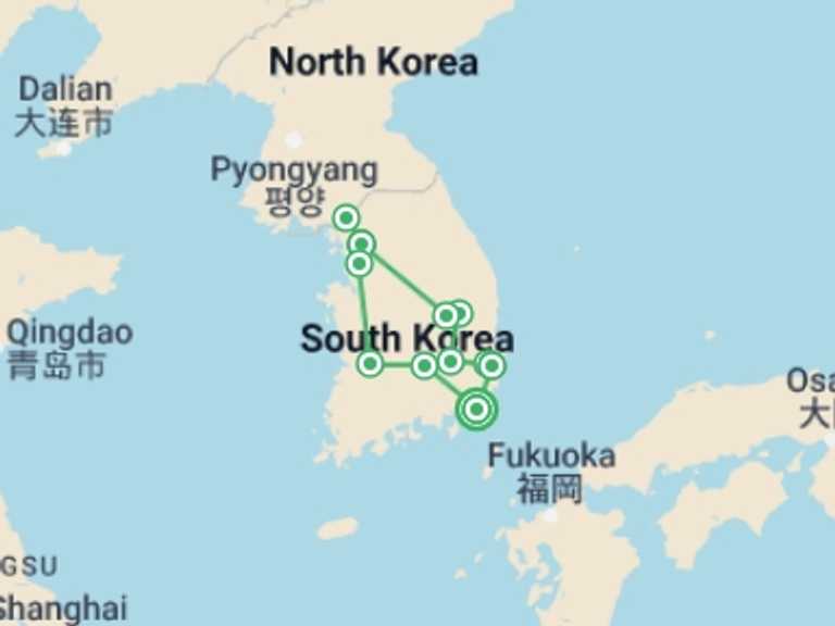 Map of 9-Day South Korea Tour with 4 destination visits for the trip: Magical Corners of Korea