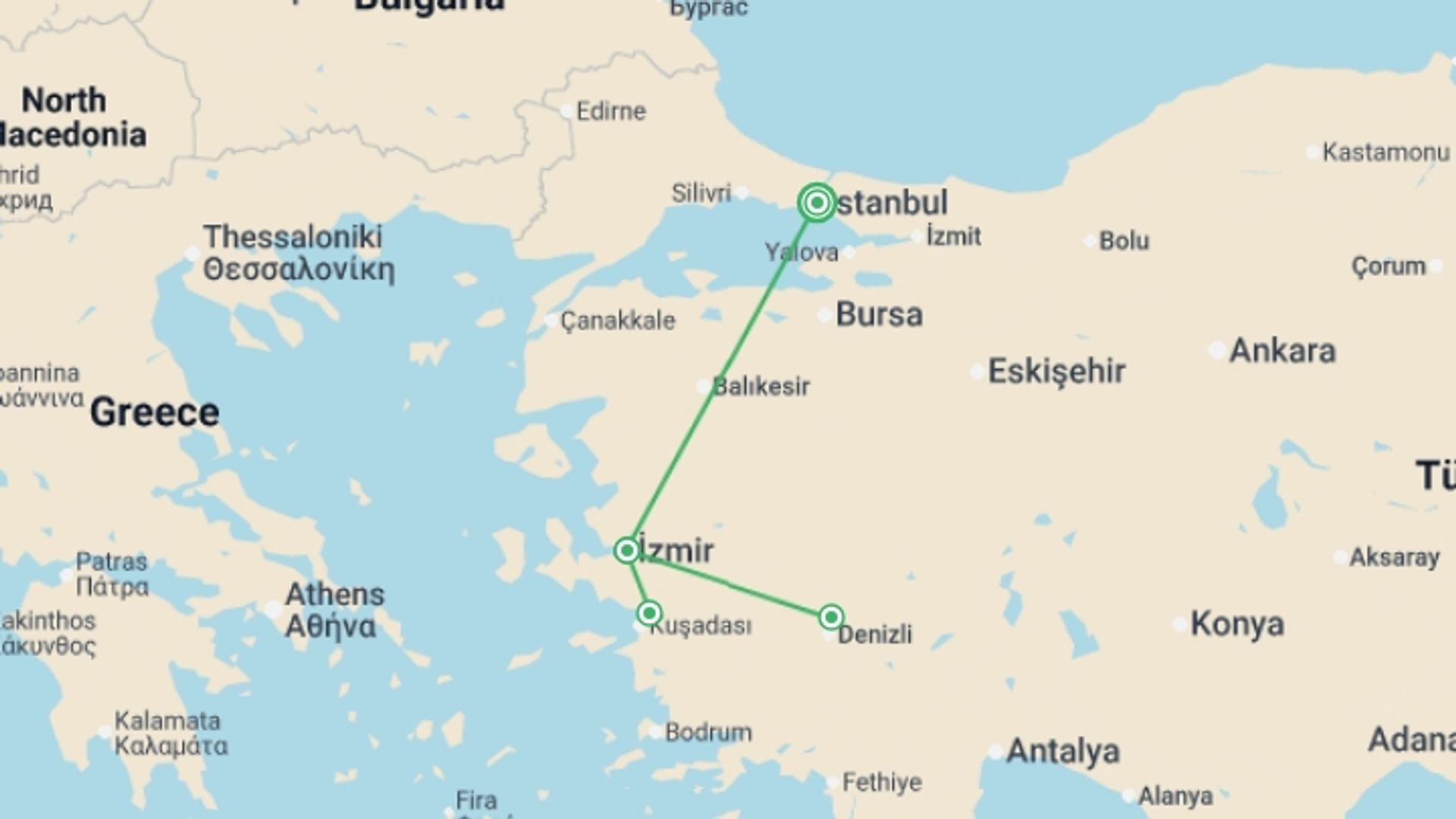 A map showing the tour itinerary for the trip: Istanbul, Ephesus & Pamukkale 5 star - 4 days  , starting in Istanbul, Turkey and ending in Istanbul, Turkey going through 1 other destinations.