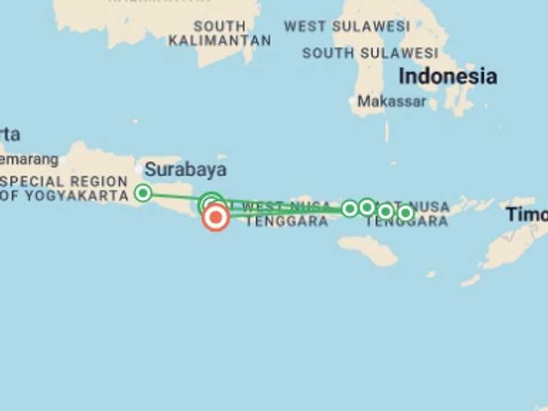 Map itinerary of Indonesia Tour in April 2026 with 9 destination visits for the trip: Discover Bali, Flores and Komodo Islands