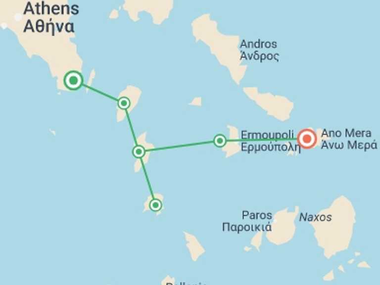 Map itinerary of Balkans Tour in April 2027 with 7 destination visits for the trip: Sail & Hike Greece: Athens to Mykonos