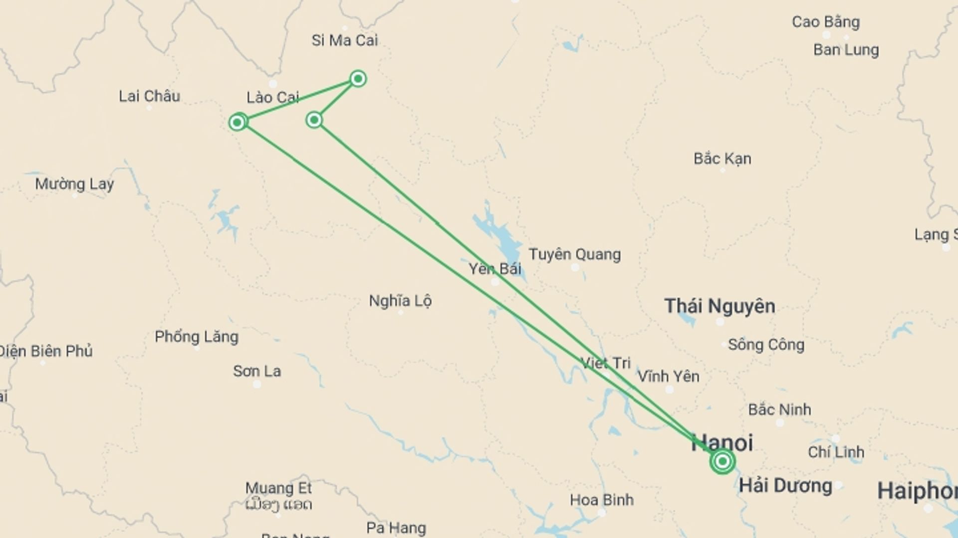 A map showing the tour itinerary for the trip: 2D1N Sapa Tour with Fansipan Peak Visit, starting in Hanoi, Vietnam and ending in Hanoi, Vietnam going through 2 other destinations.