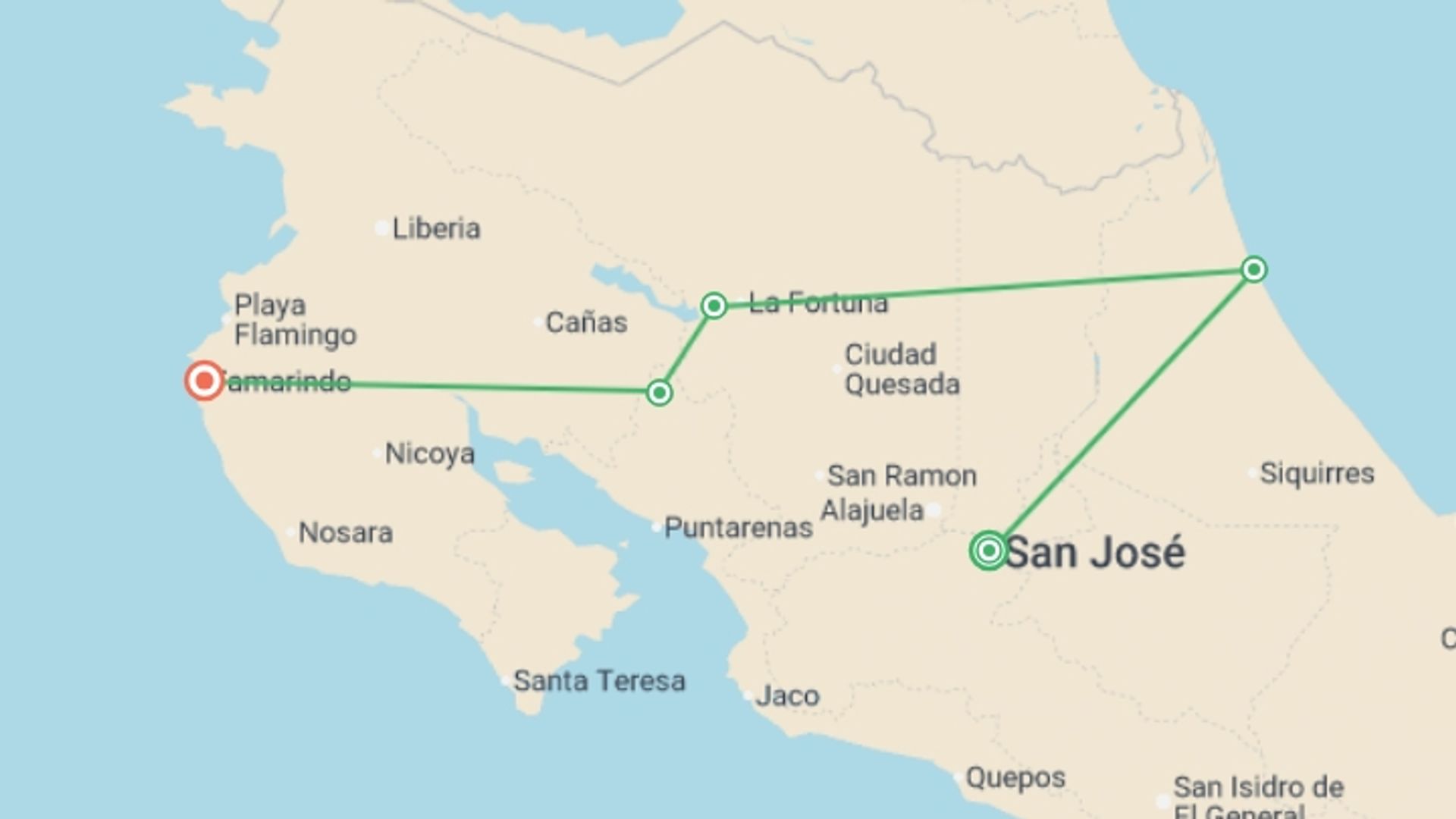 A map showing the tour itinerary for the trip: Natural Wonders of Costa Rica - 10 days, starting in San Jose, Costa Rica and ending in Tamarindo, Costa Rica going through 4 other destinations.
