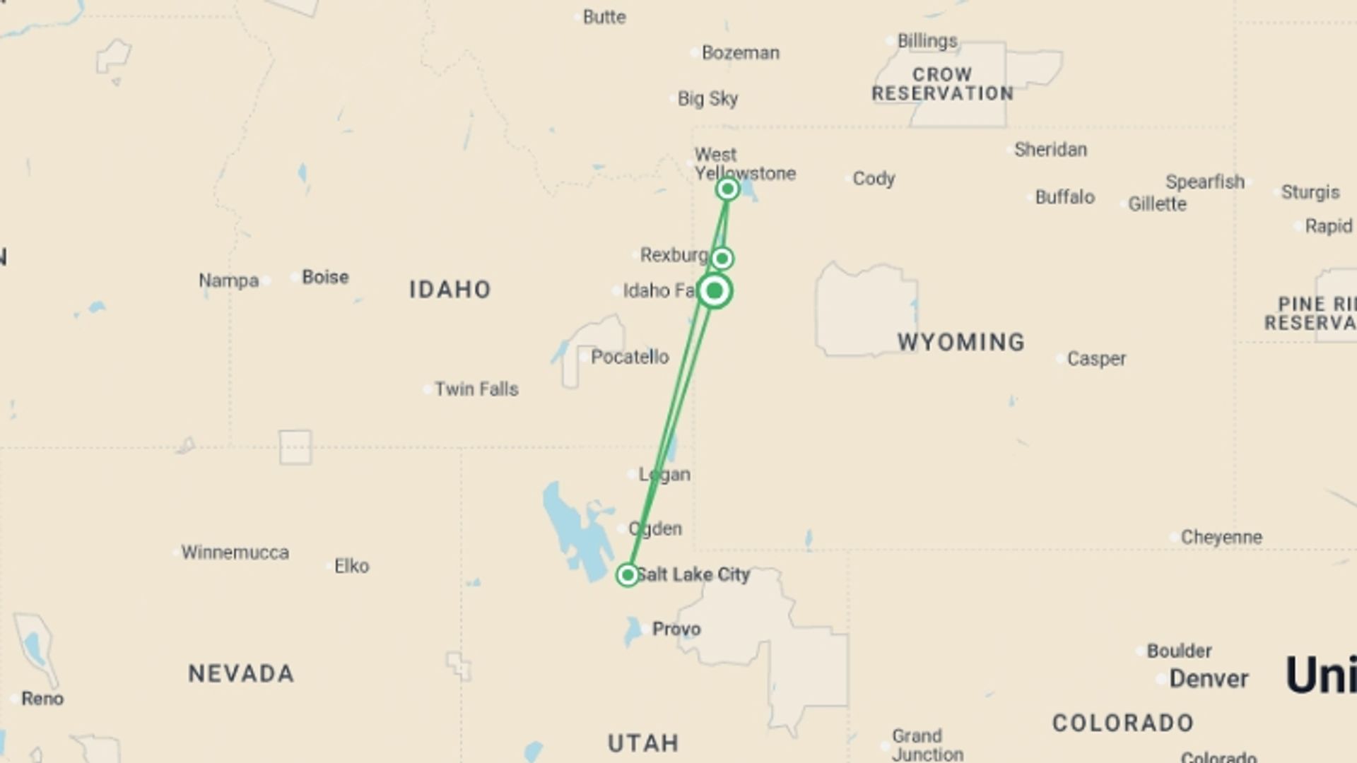 A map showing the tour itinerary for the trip: Yellowstone and Grand Tetons, starting in Jackson, USA and ending in Jackson, USA going through 3 other destinations.