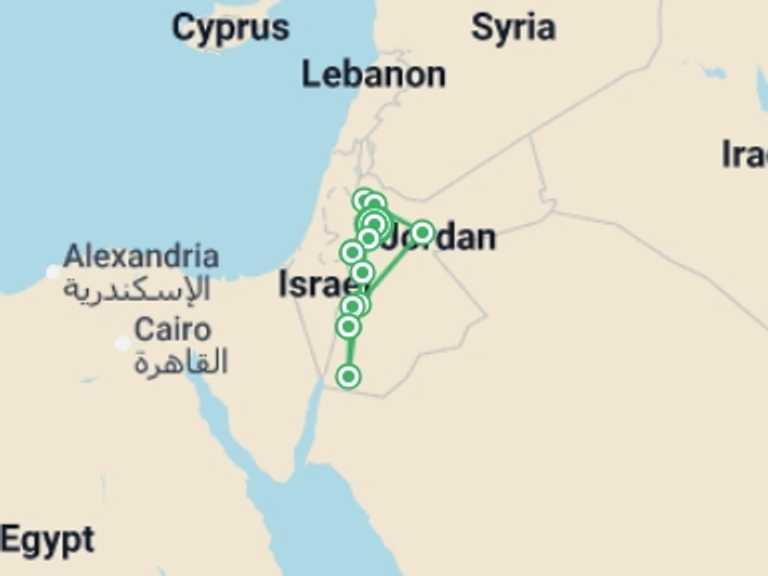 Map itinerary of Jordan Tour in September 2025 with 8 destination visits for the trip: Jordan Wildlife &  Nature - 12 days
