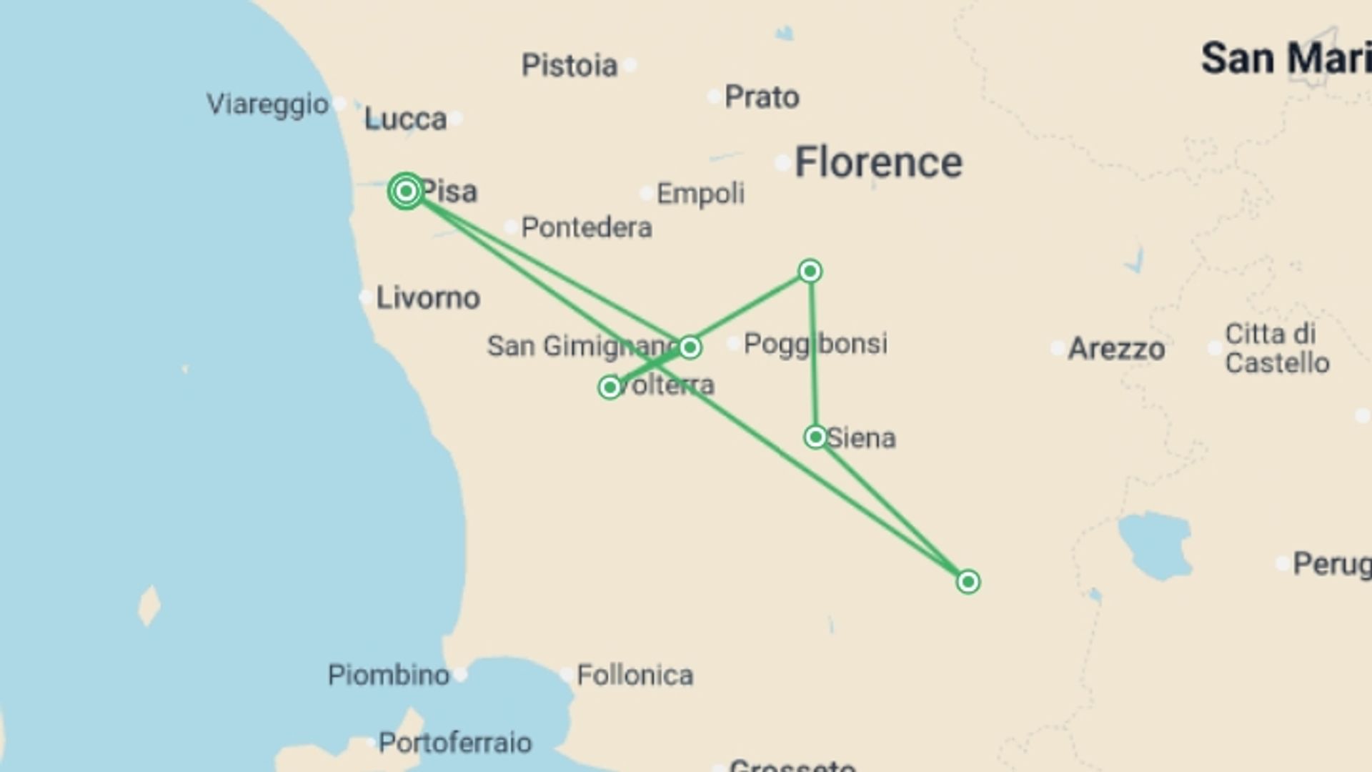 A map showing the tour itinerary for the trip: A Taste of Tuscany - Hilltop Towns and Vineyards, starting in Pisa, Italy and ending in Pisa, Italy going through 5 other destinations.