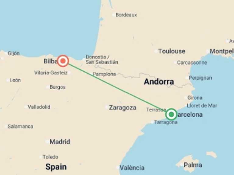 Map itinerary of Mediterranean Tour in Summer with 2 destination visits for the trip: A Taste of Northern Spain - Catalonia and the Basque Country and Eclipse