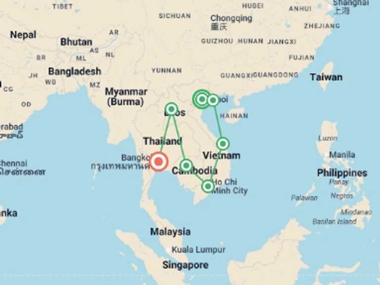 Map of Asia Tour with 7 destination visits for the trip: Kingdoms of Southeast Asia Vietnam, Cambodia, Laos and Thailand