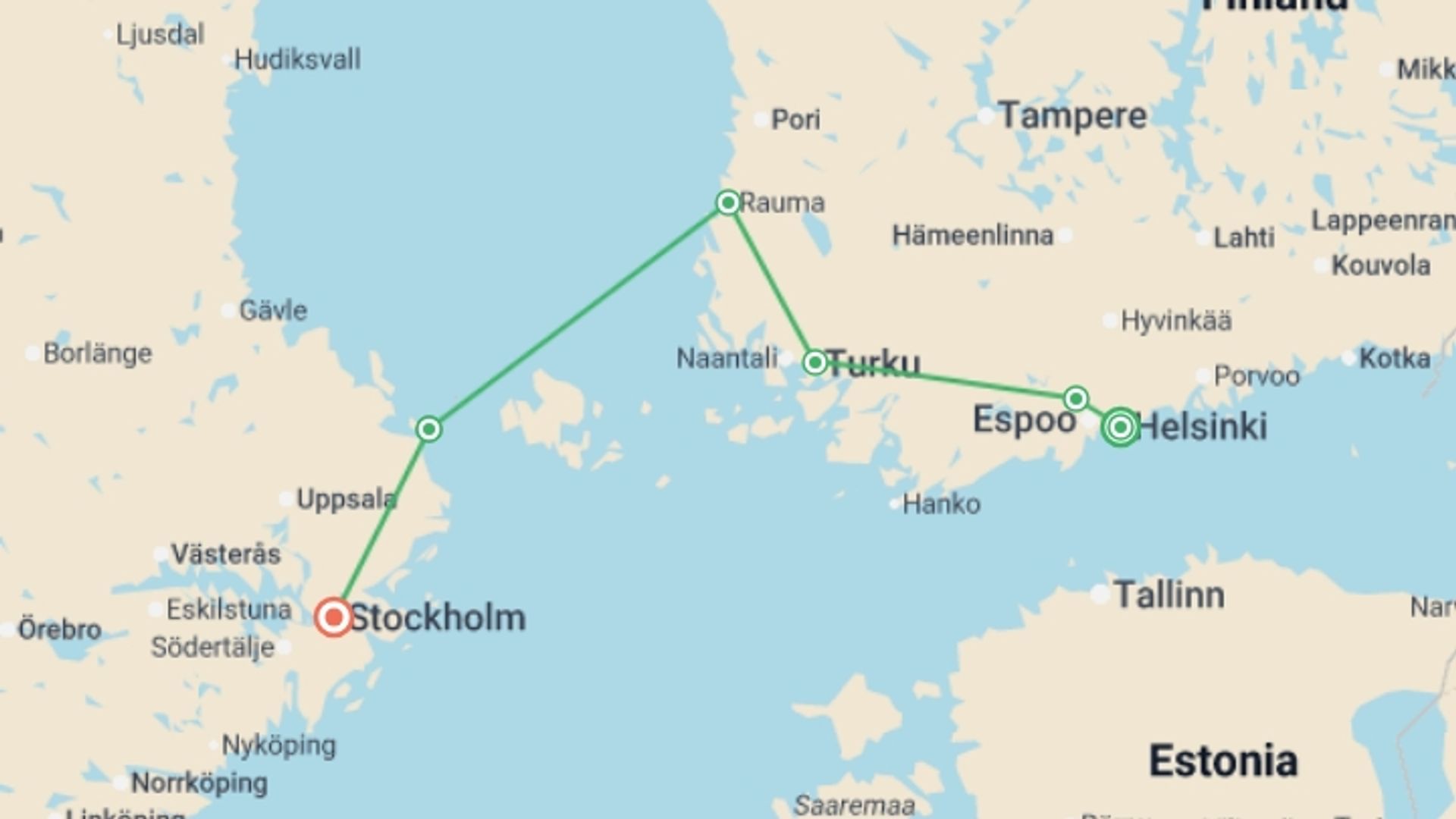 A map showing the tour itinerary for the trip: Walking in Finland and Sweden, starting in Helsinki, Finland and ending in Stockholm, Sweden going through 4 other destinations.