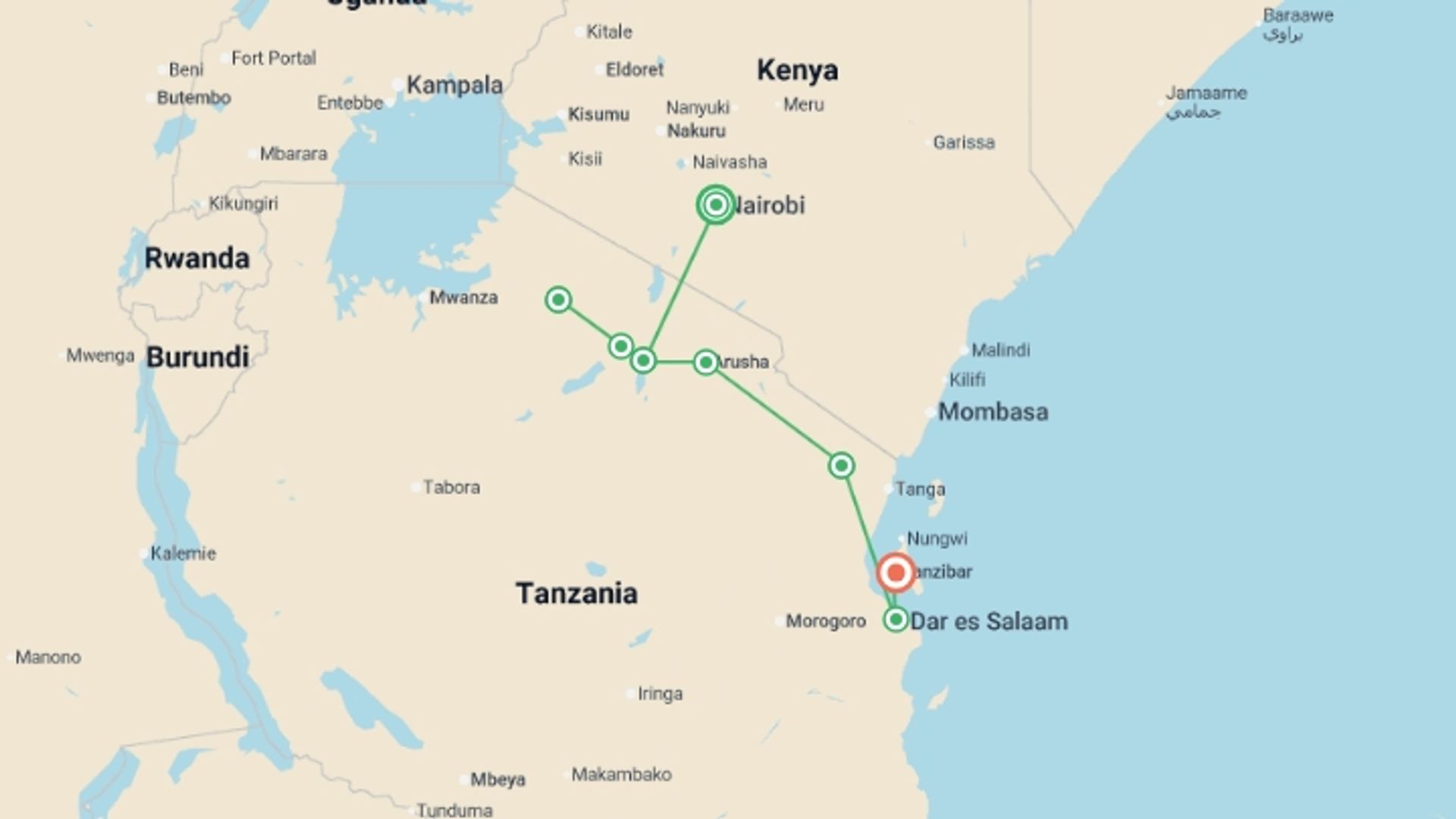 A map showing the tour itinerary for the trip: Nairobi to Stone Town, starting in Nairobi, Kenya and ending in Zanzibar, Tanzania going through 5 other destinations.