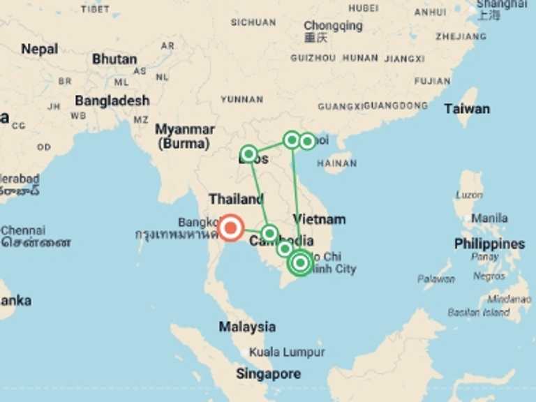 Map itinerary of Asia Tour in August 2026 with 7 destination visits for the trip: Secrets of Southeast Asia (3 Star) - 16 days