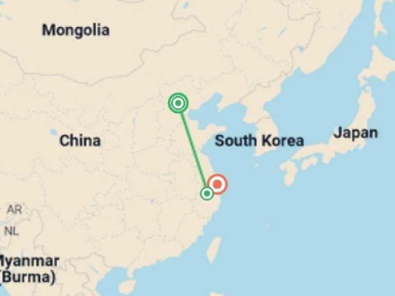 Map itinerary of Asia Tour in April 2026 with 3 destination visits for the trip: Beijing to Shanghai Group Adventure 12D/11N