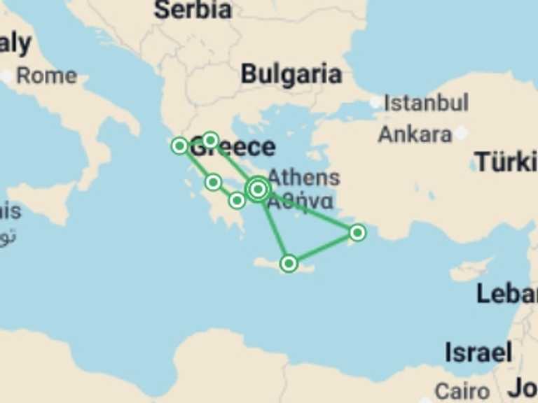 Map itinerary of Rhodes Tour in Spring with 7 destination visits for the trip: Athens, Peloponnese, Northern Greece and Greek Islands