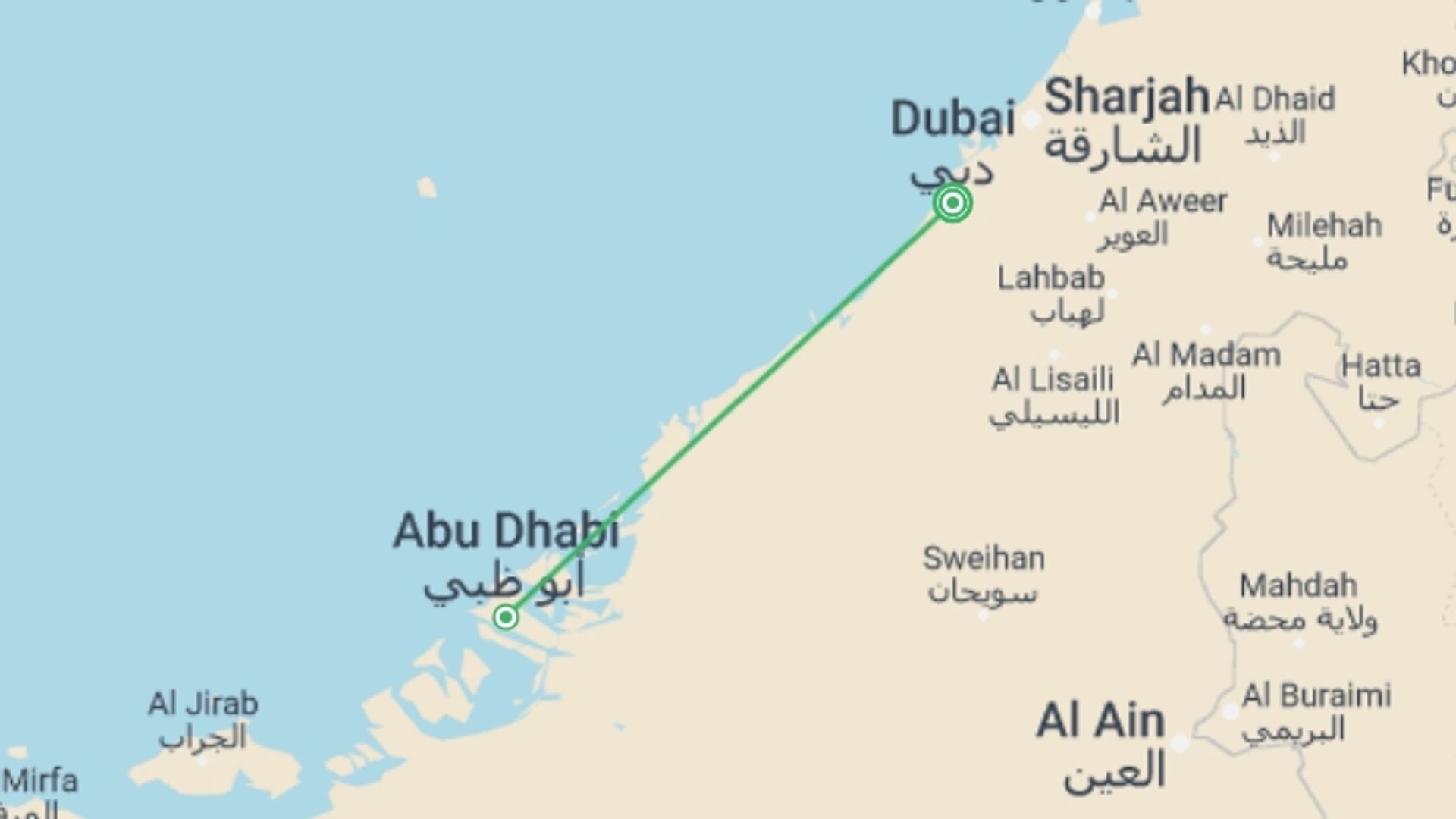 A map showing the tour itinerary for the trip: Dazzling Dubai, starting in Dubai, UAE and ending in Dubai, UAE going through 0 other destinations.