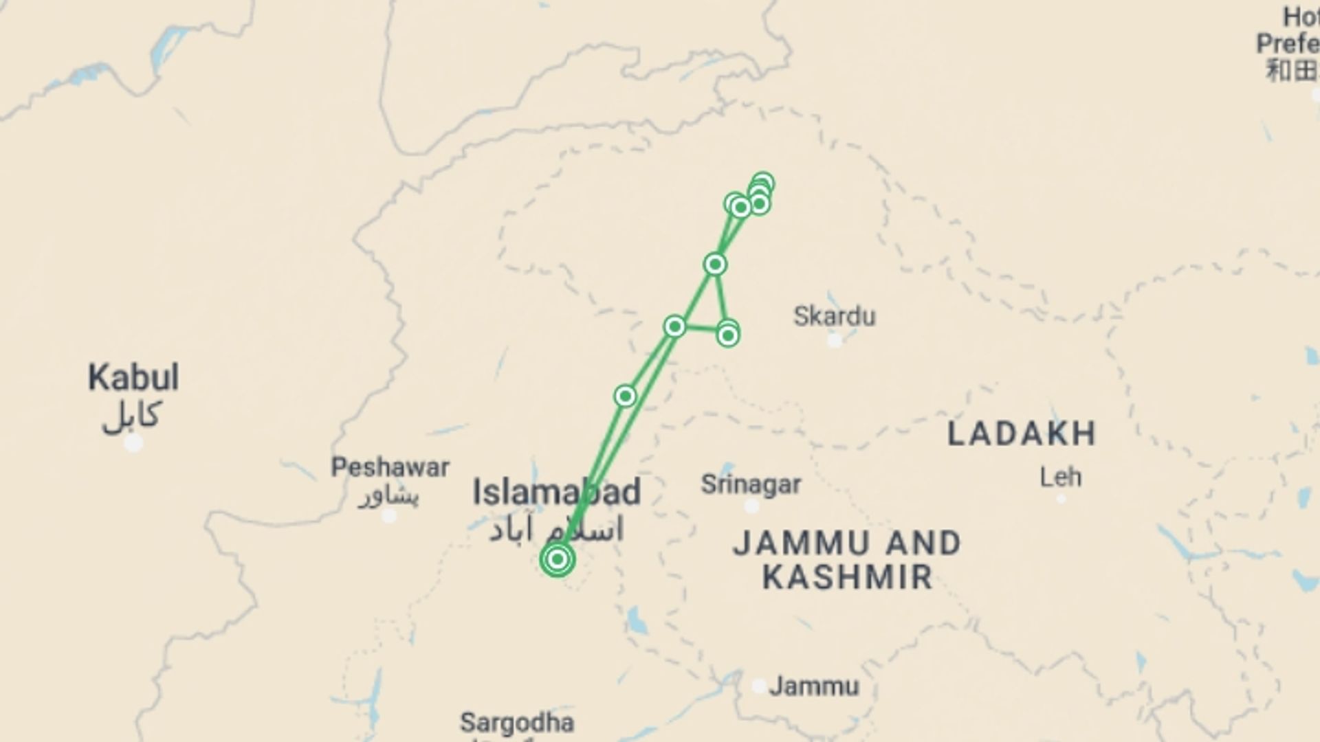 A map showing the tour itinerary for the trip: Hunza Pakistan Tour, starting in Islamabad, Pakistan and ending in Islamabad, Pakistan going through 7 other destinations.