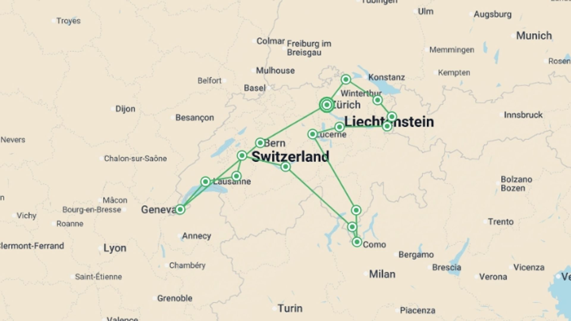 A map showing the tour itinerary for the trip: Picturesque Solo Switzerland Tour, starting in Zurich, Switzerland and ending in Zurich, Switzerland going through 6 other destinations.