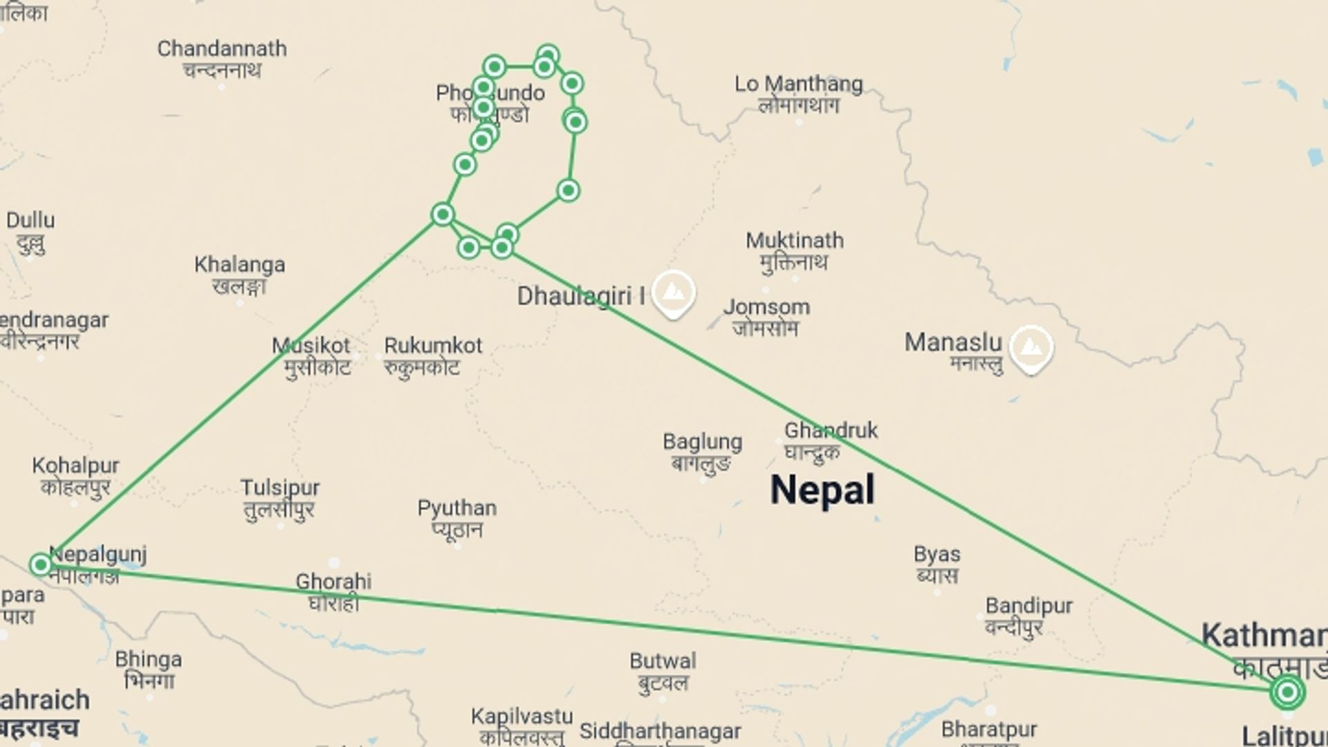 A map showing the tour itinerary for the trip: Upper Dolpo Trekking, starting in Kathmandu, Nepal and ending in Kathmandu, Nepal going through 18 other destinations.