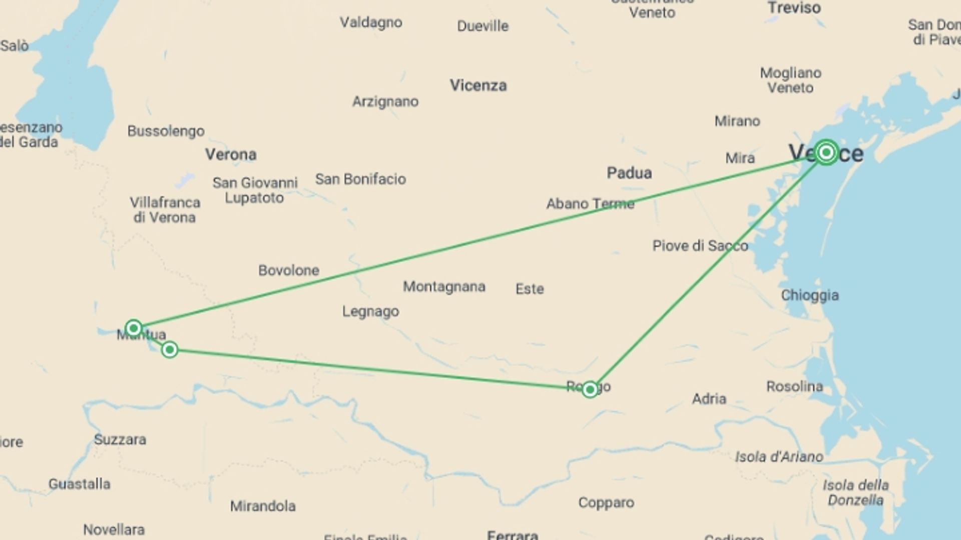 A map showing the tour itinerary for the trip: From the Canals of Venice to Renaissance-infused Mantua, starting in Venice, Italy and ending in Venice, Italy going through 3 other destinations.