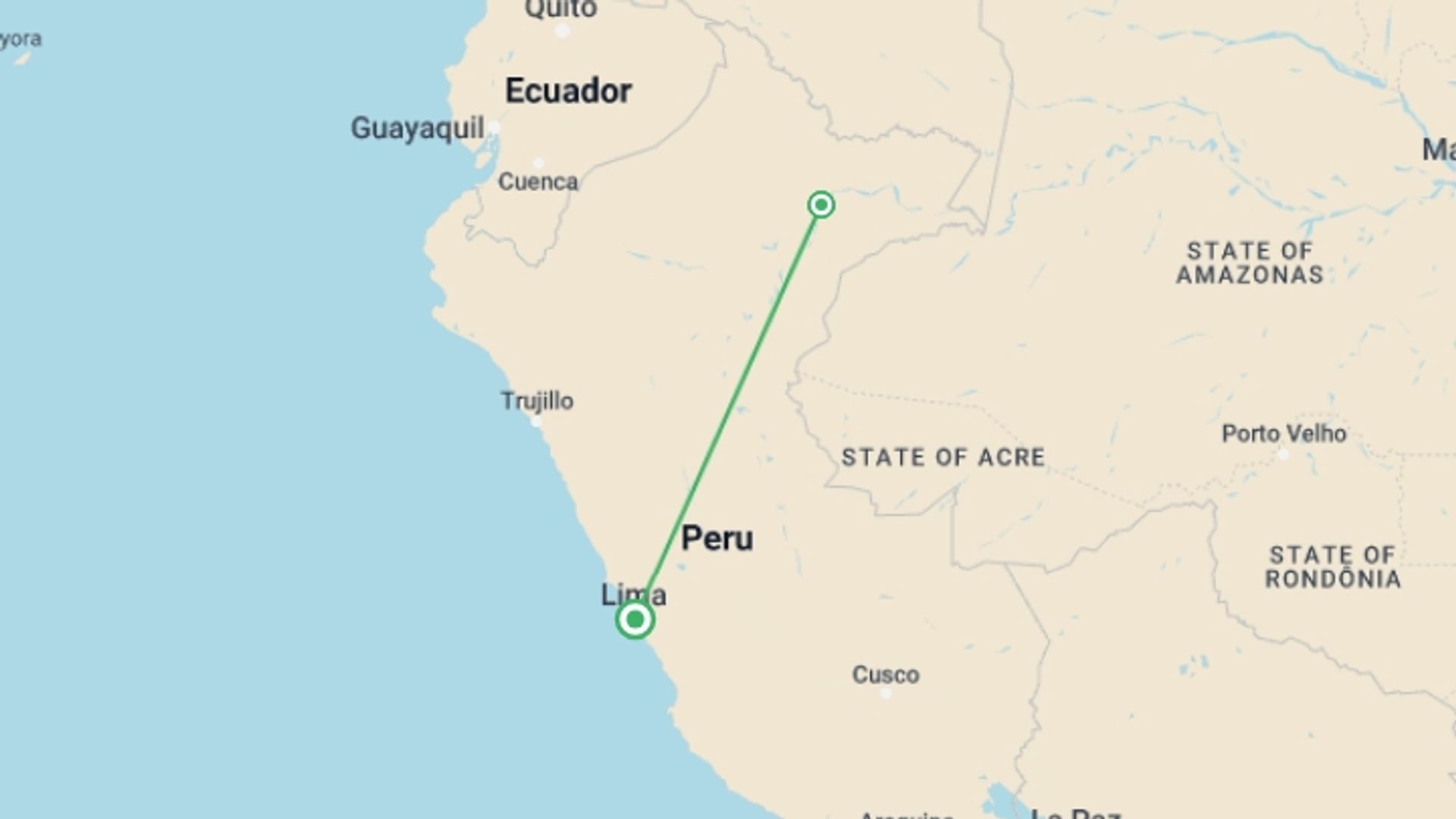 A map showing the tour itinerary for the trip: Treehouse Lodge, Short Break (on Request), starting in Lima, Peru and ending in Lima, Peru going through 1 other destinations.