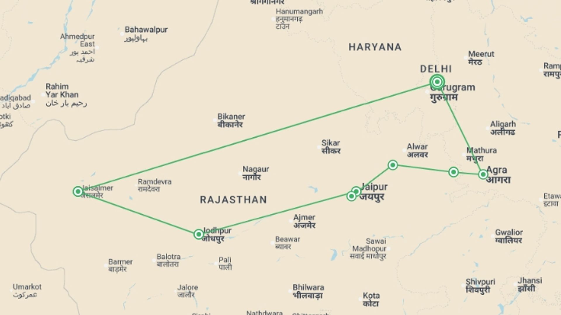A map showing the tour itinerary for the trip: North India Adventure, starting in New Delhi, India and ending in New Delhi, India going through 7 other destinations.