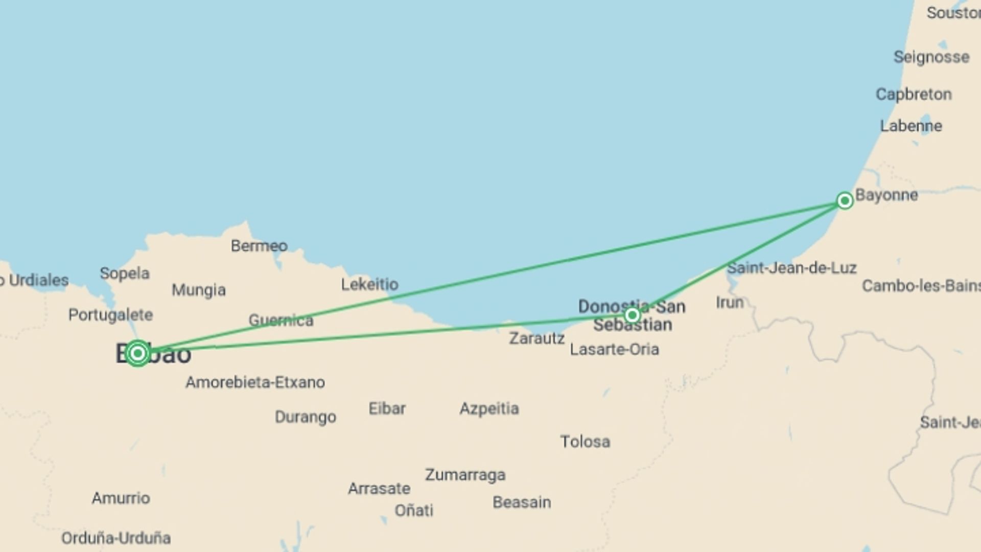 A map showing the tour itinerary for the trip: Bilbao Uncovered Superior - 5 days, starting in Bilbao, Spain and ending in Bilbao, Spain going through 0 other destinations.