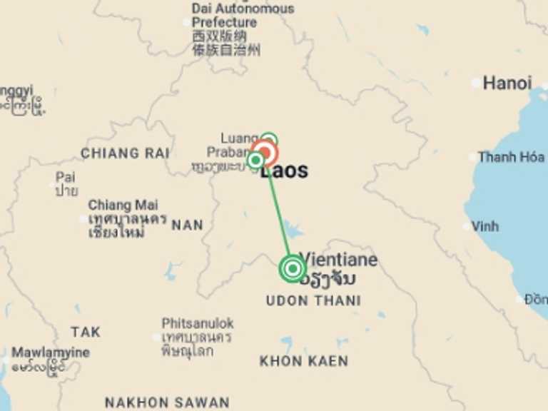 Map of Indochina Cultural, religious and historic sites Tour with 2 destination visits for the trip: Classic Laos Premium Small Group Tour