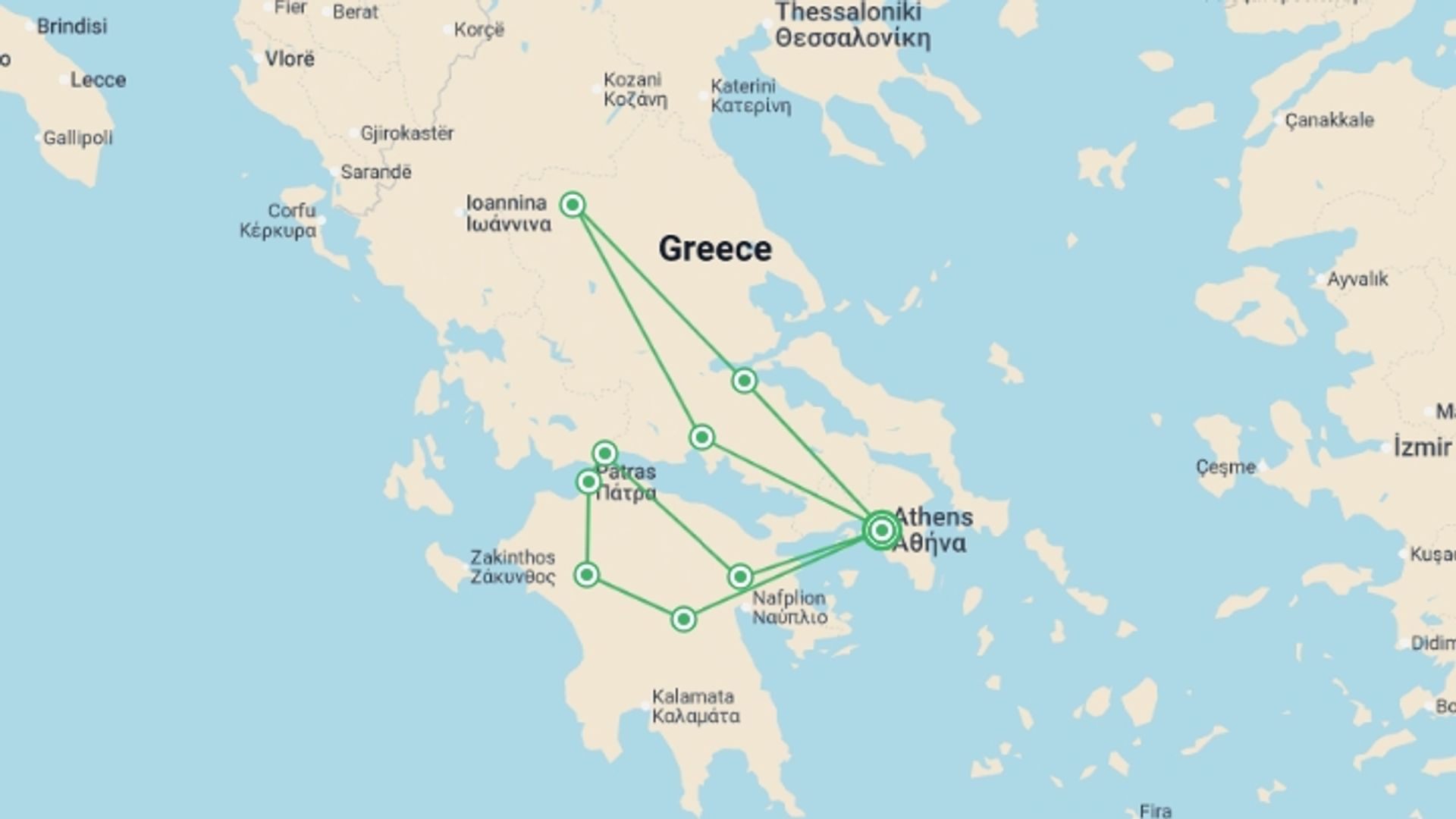 A map showing the tour itinerary for the trip: Unique Greece, starting in Athens, Greece and ending in Athens, Greece going through 2 other destinations.