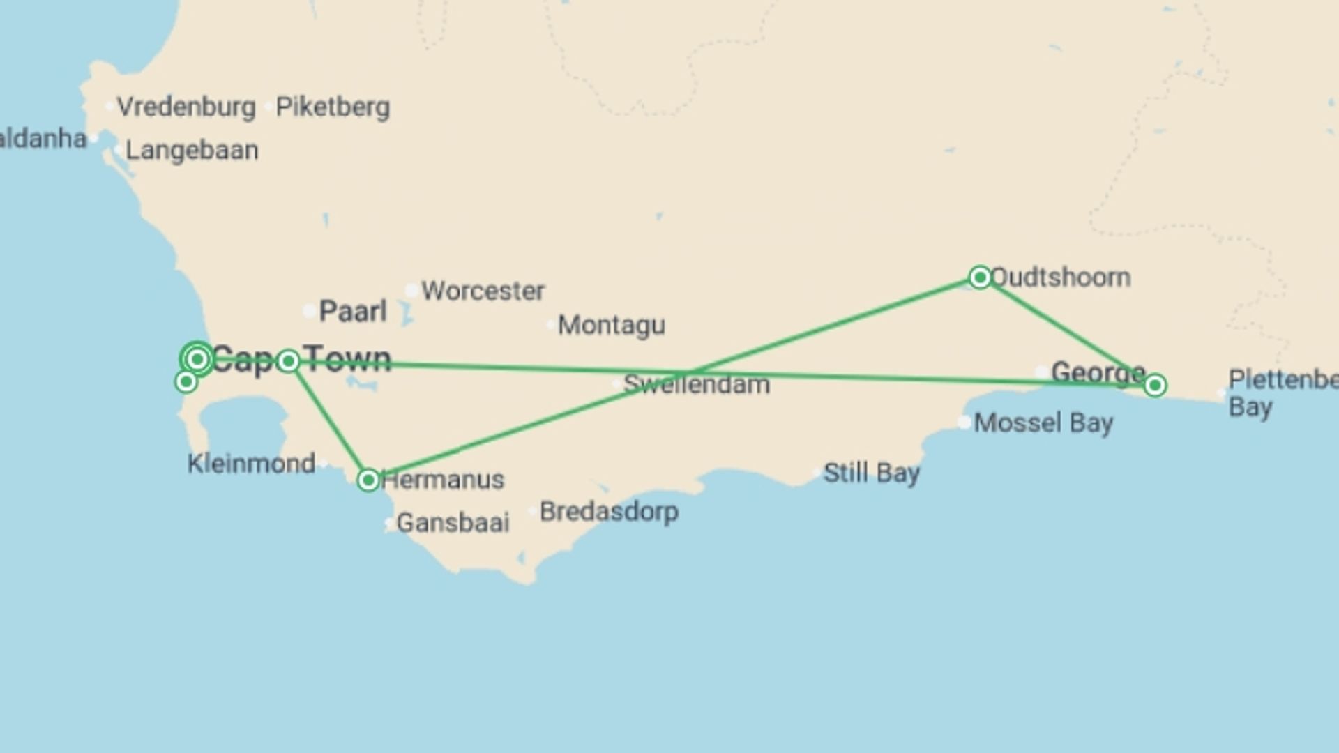 A map showing the tour itinerary for the trip: Cape Town & the Garden Route - 8 days, starting in Cape Town, South Africa and ending in Cape Town, South Africa going through 4 other destinations.